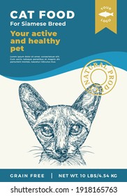 Cat Food Label Template. Abstract Vector Packaging Design Layout. Modern Typography Banner with Hand Drawn Siamese Breed Face Sketch Background. Isolated.
