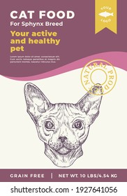 Cat Food Label Template. Abstract Vector Packaging Design Layout. Modern Typography Banner with Hand Drawn Sphynx Breed Face Sketch Background. Isolated.