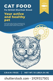 Plantilla de etiqueta de comida para gato. Diseño de empaquetado de vectores abstracto. Pancarta moderna de tipografía con fondo de dibujo de la raza británica de corta duración. Aislado.