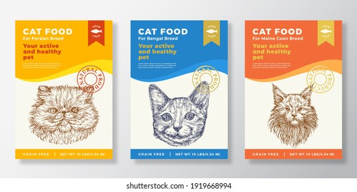 Cat Food Label Templates Set. Abstract Vector Packaging Design Layouts Collection. Typography Banners With Hand Drawn Bengal, Persian And Maine Coon Breeds Sketch Faces Background. Isolated.