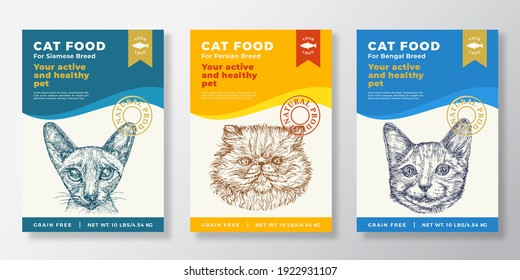 Cat Food Label Templates Set. Abstract Vector Packaging Design Layouts Collection. Typography Banners with Hand Drawn Bengal, Persian and Siamese Breeds Sketch Faces Background. Isolated.