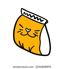 Paquete de alimentos para gatos. Envase de alimentación o paquete para mascotas. Animales caseros comida seca. Empaquetado felino del bocado del gatito. Dibujo a mano línea de dibujos animados Ilustración vectorial plana aislada en blanco