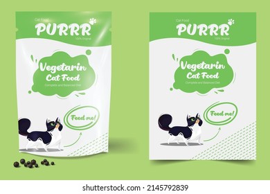 Cat food package mockup set, vector realistic illustration isolated on green background. Stand up foil pouch bag . 