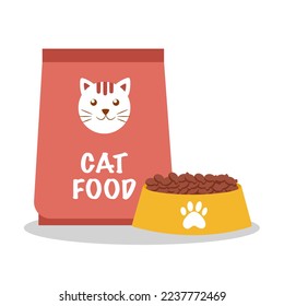Cat food package with pet bowl in flat design on white background.