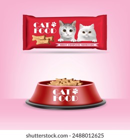 Cat food packaging design With food bowl.red pet food bowl.