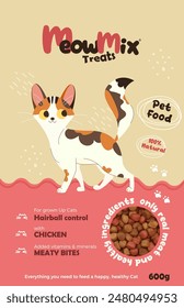 Cat food packaging design. Pattern for dry cat food Meaty bites. pink design and red white cartoon cat. Health food, bio, safe. illustration vector.