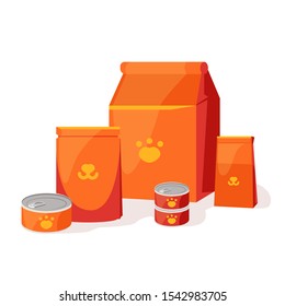 cat food. Food for pets and dogs. Bowl, Packaging, Advertising. bright pack set pet Shop. Flat vector illustration.