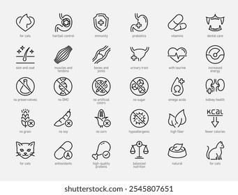 Cat Food Properties Vector Icon Set in Outline Style