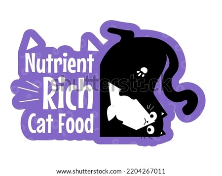 Cat food rich in nutrients and microelements. Dieting and nourishment for feline mammals, products for pet kitty living at homes. Isolated label or sticker, logotype of patch. Vector in flat style