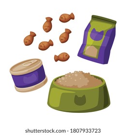 Cat Food Set, Pet Animal Dried, Canned Food Packaging and Bowl Cartoon Style Vector Illustration on White Background
