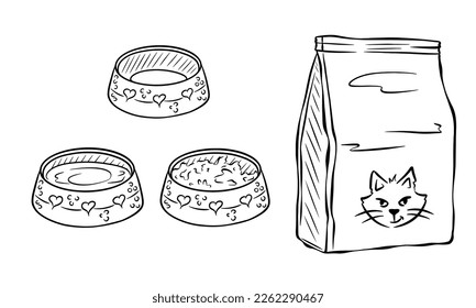 Cat food in sketch style. Dry cat food packaging. Bowls with food and water for a pet. Vector set.