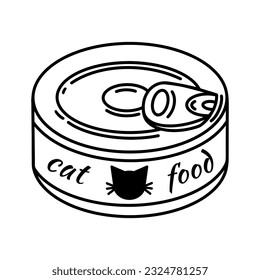 Icono vector de alimento para gato. Una lata de estaño con un regalo para un gatito. Embalaje de aluminio con refrigerios de carne o pescado para mascotas. Un simple garabato, un bosquejo aislado. Clíparte blanca y negra para imprenta, clínica veterinaria, tienda, web