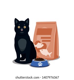 Cat Food Vector. Illustration Of Cartoon Happy Cat With Full Bowl Of Dry Food And Cat Food Package.