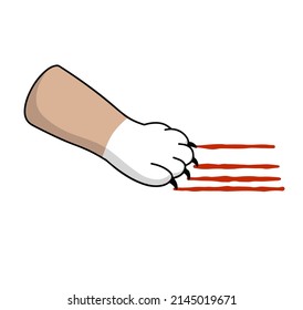 Pie de gato. Rasca con rastro de sangre. Agresión y lesiones. Comportamiento malvado de mascota. Ilustración plana de dibujos animados