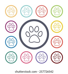 cat footprint flat icons set. Open colorful buttons 