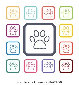 cat footprint flat icons set. Open colorful buttons 