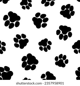 Cat footprint pattern. Seamless pattern pets paw print. Black cat and dog steps texture, animal footstep. Background with kitty trail on white wallpaper. Vector illustration. Walking path imprint