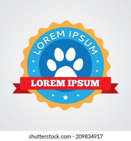 cat footprint retro vintage badge, label icon. Blue with red ribbon 