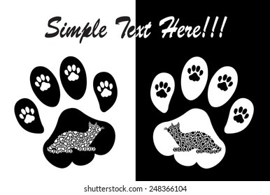 Cat footprints on black and white background with cats on the pads