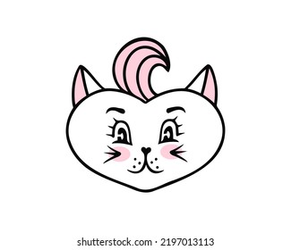 Cat with a forelock, bangs, funny cat face, girl. Vector Illustration for backgrounds, covers and packaging. Image can be used for greeting cards, posters and textile. Isolated on white background.