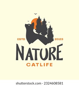 cat forest nature wildlife jungle pine trees vintage old mascot logo icon vector illustration