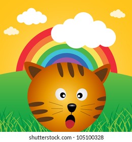 Cat in the forest with rainbow