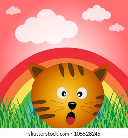 Cat in the forest with rainbow