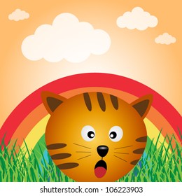 Cat in the forest with rainbow