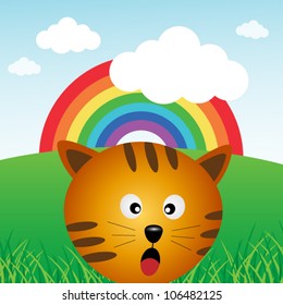 Cat in the forest with rainbow