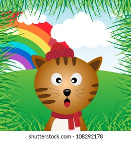 Cat in the forest with rainbow