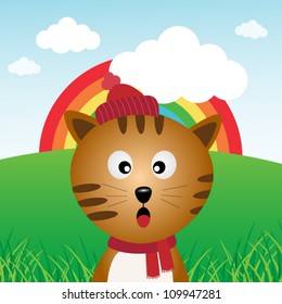 Cat in the forest with rainbow