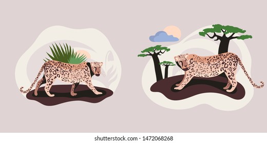 Cat in the forest.Leopards set. Leopard family. Illustration of a wild cat