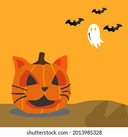 A cat in the form of a pumpkin. Halloween Cartoon Vector Icon Illustration. Animal Halloween Icon Concept. Flat Cartoon Style