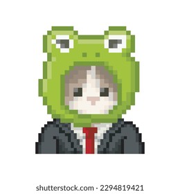 Cat in formal suit and frog hat, pixel art meme