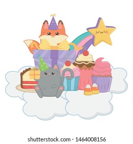 Cat and fox in happy birthday celebration