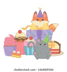 Cat and fox in happy birthday celebration