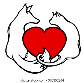 Cat and Fox holding red heart hand drawn vector illustration for saint valentine's day card