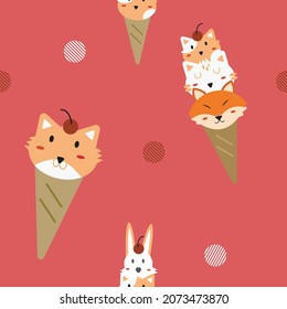 cat and fox ice cream fabric seamless cute pattern in red background
