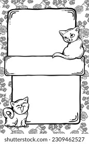 Cat frame decorative vector background template with empty space for birthday greeting card, announcement or invitation, veterinarian information. Hand drawn illustration, cartoon style character.