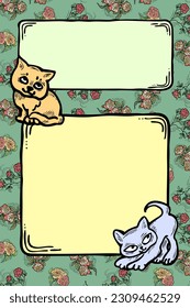 Cat frame decorative vector background template with empty space for birthday greeting card, announcement or invitation, veterinarian information. Hand drawn illustration, cartoon style character.