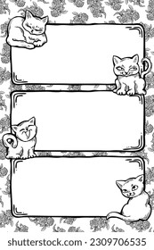 Cat frame decorative vector background template with empty space for birthday greeting card, announcement or invitation, veterinarian information. Hand drawn illustration, cartoon style character.