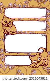 Cat frame decorative vector background template with empty space for birthday greeting card, announcement or invitation, veterinarian information. Hand drawn illustration, cartoon style character.