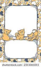 Cat frame decorative vector background template with empty space for birthday greeting card, announcement or invitation, veterinarian information. Hand drawn illustration, cartoon style character.