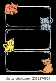 Cat frame decorative vector background template with empty space for birthday greeting card, announcement or invitation, veterinarian information. Hand drawn illustration, cartoon style character.