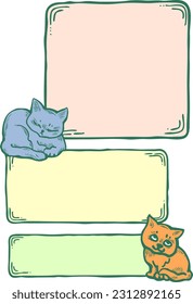 Cat frame decorative vector background template with empty space for birthday greeting card, announcement or invitation, veterinarian information. Hand drawn illustration, cartoon style character.