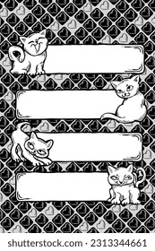 Cat frame decorative vector background template with empty space for birthday greeting card, announcement or invitation, veterinarian information. Hand drawn illustration, cartoon style character.