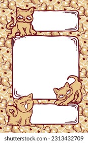 Cat frame decorative vector background template with empty space for birthday greeting card, announcement or invitation, veterinarian information. Hand drawn illustration, cartoon style character.