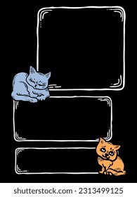 Cat frame decorative vector background template with empty space for birthday greeting card, announcement or invitation, veterinarian information. Hand drawn illustration, cartoon style character.