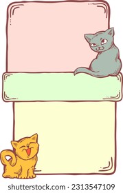 Cat frame decorative vector background template with empty space for birthday greeting card, announcement or invitation, veterinarian information. Hand drawn illustration, cartoon style character.