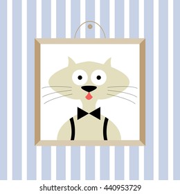Cat in frame on striped wall vector illustration. ?at portrait